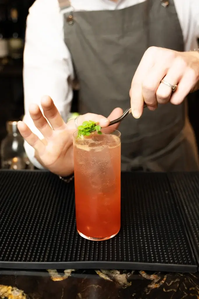 A bartender garnishes a fizzy pink cocktail with fresh herbs, showcasing skillful attention to detail against a dark bar backdrop.