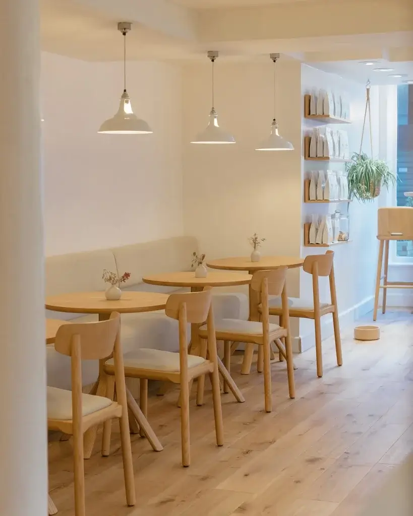 A minimalistic cafe interior featuring light wood furniture, soft lighting, and decorative plants, creating a cozy atmosphere.