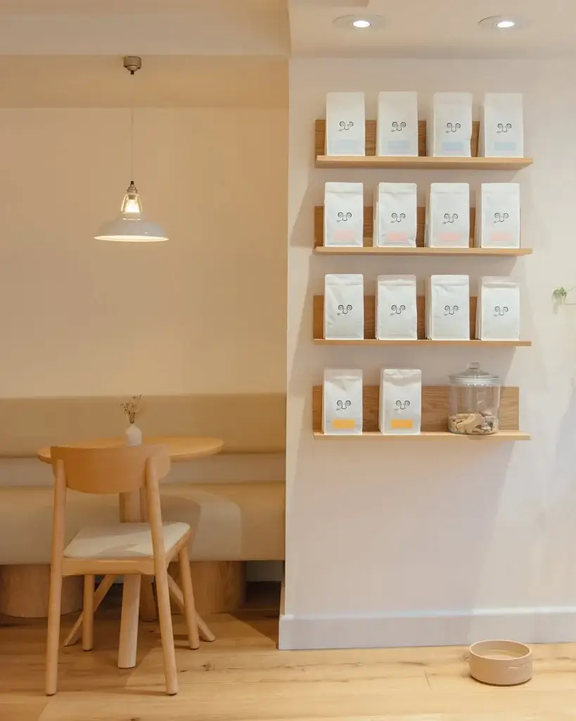 A cozy café corner featuring a wooden table and chair, with shelves displaying bags of coffee and a jar of cookies.