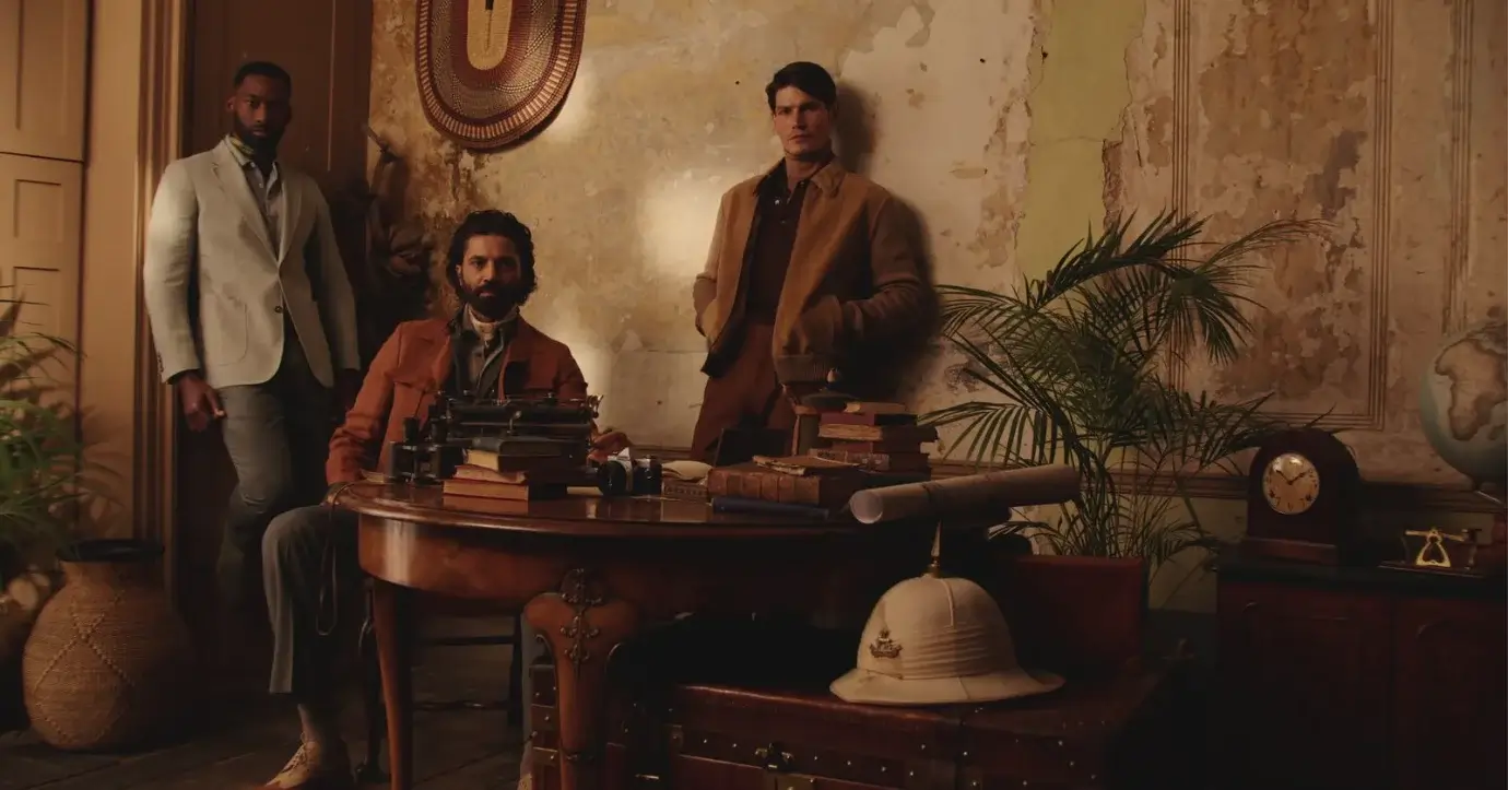 Three men dressed in elegant clothing stand and sit around a wooden table filled with books, a typewriter, and vintage decor in a rustic room.