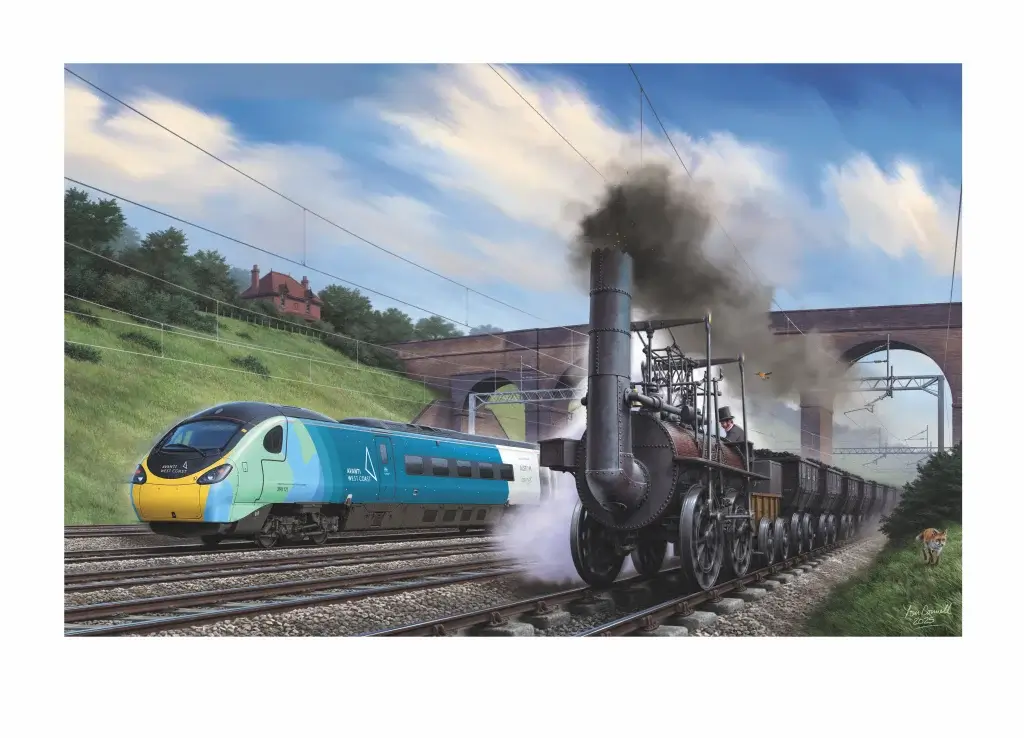 AI generated images of a modern train and a steam train racing