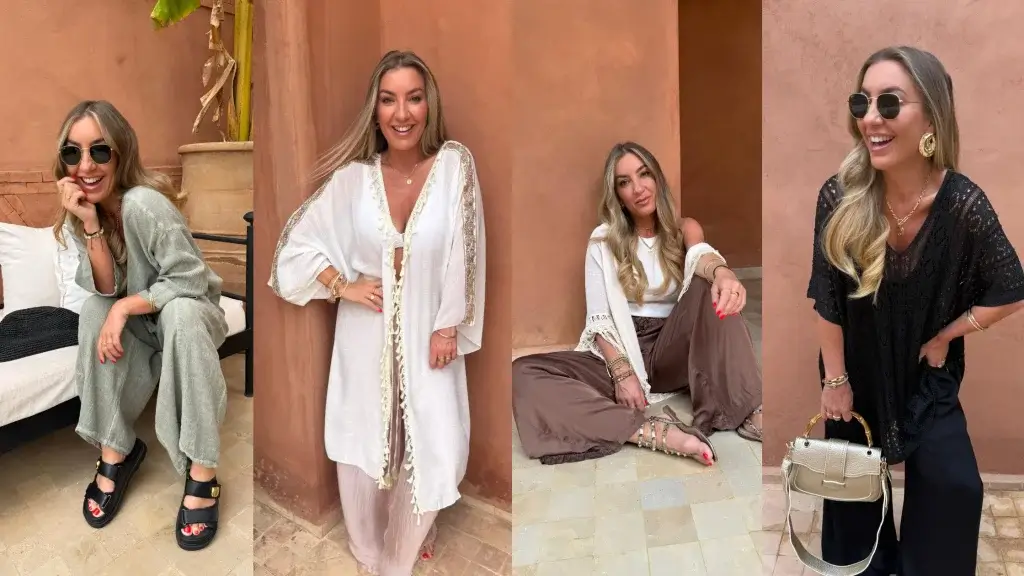 Same woman shown in four outfits: sage co-ord, white kaftan, white top with brown trousers, and black lace top with gold bag.