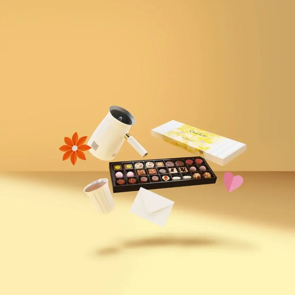 A whimsical arrangement of a coffee cup, chocolates, a flower, and an envelope, all floating against a warm yellow backdrop.