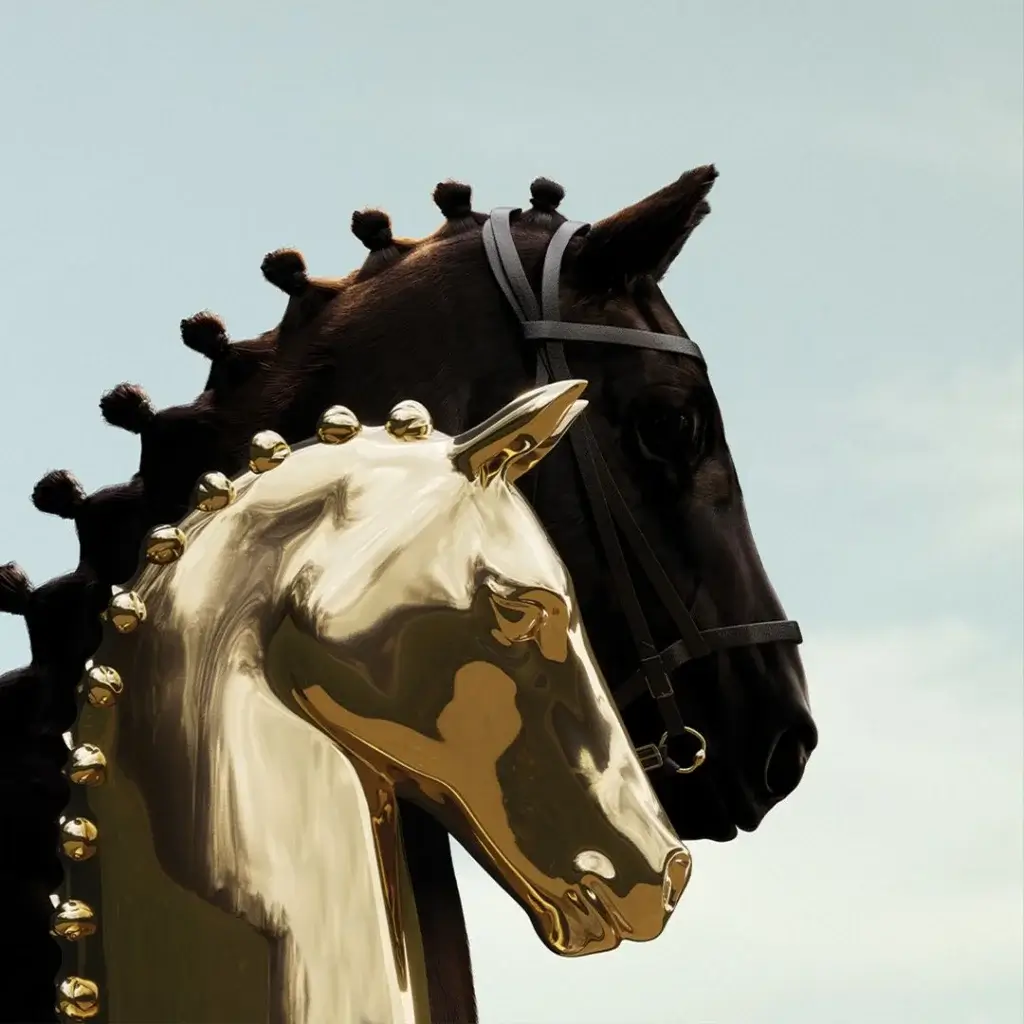a black real horse in the background and a golden horse statue mimicking in the foreground