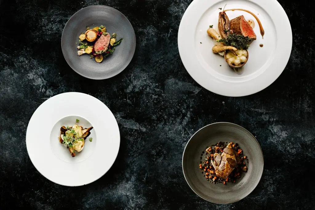 Four gourmet dishes arranged artistically on dark plates, showcasing vibrant garnishes and exquisite presentation against a textured backdrop.