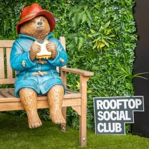 A bear statue in a blue coat and red hat sits on a bench, infant of a fake grass wall with a sign saying Rooftop Social Club