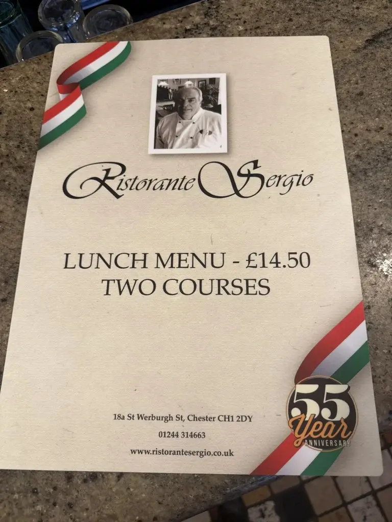 Menu cover for Ristorante Sergio detailing a £14.50 two-course lunch special, celebrating its 55th anniversary with location and contact info.