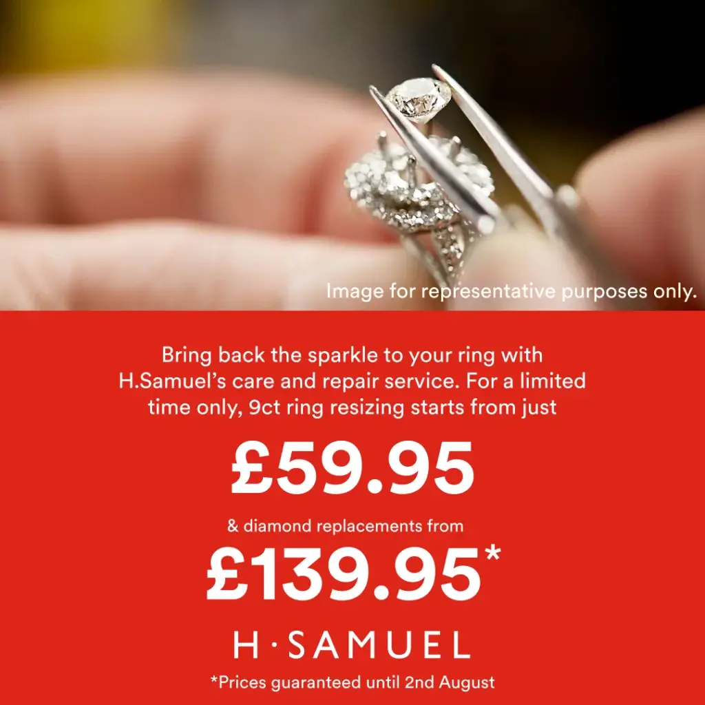 A hand holds a sparkling ring with a diamond, promoting H.Samuel's ring resizing and repair services, with pricing details.