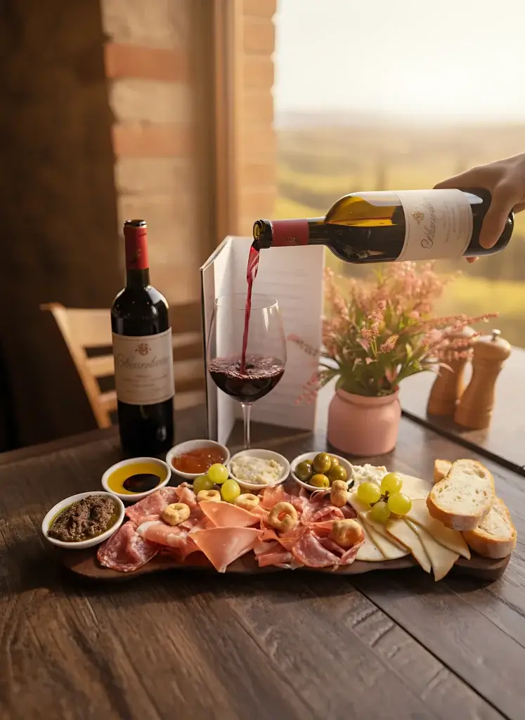 A beautifully arranged charcuterie board with meats, cheeses, olives, and bread, accompanied by red wine and a scenic view.
