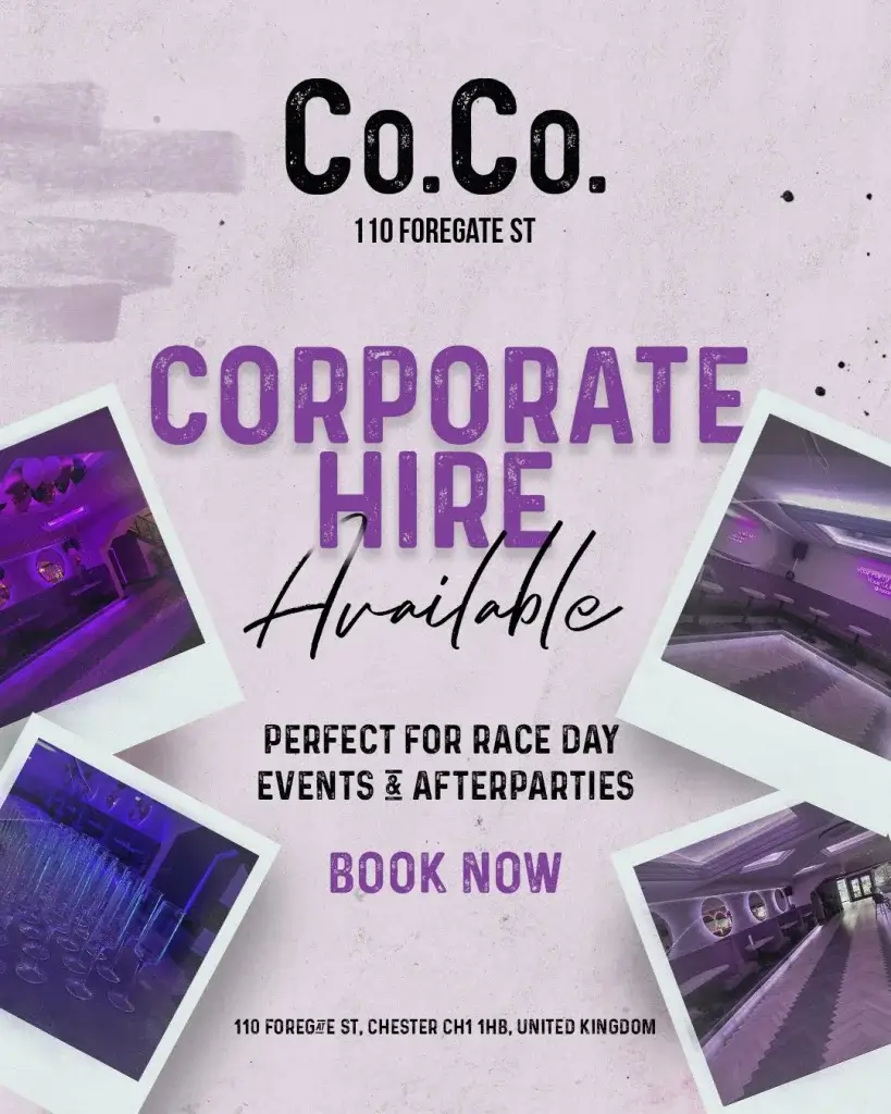 Ad for corporate hire at Co.Co, 110 Foregate St, with large purple headline and polaroid-style photos of the venue interior.