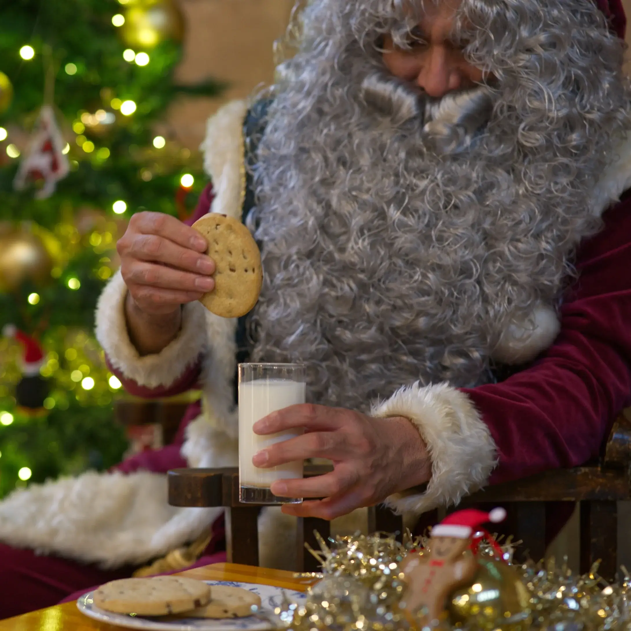 A festive scene featuring a person in a red suit holding a cookie and a glass of milk, with a decorated Christmas tree in the background.
