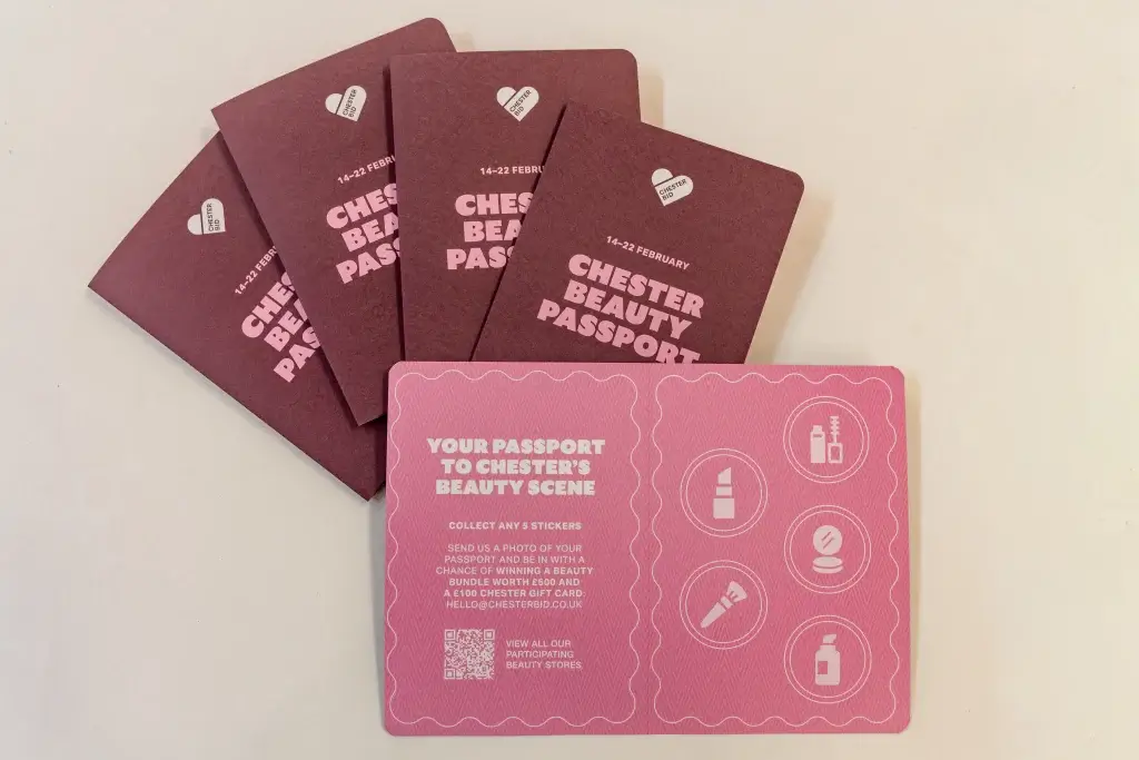 Several passports saying The Beauty Passport on a white table background