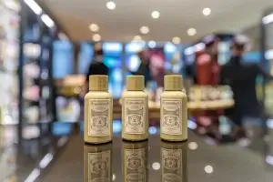 Three beige travel-size lotion bottles with ornate labels reflected on a glossy counter against a blurred boutique interior.
