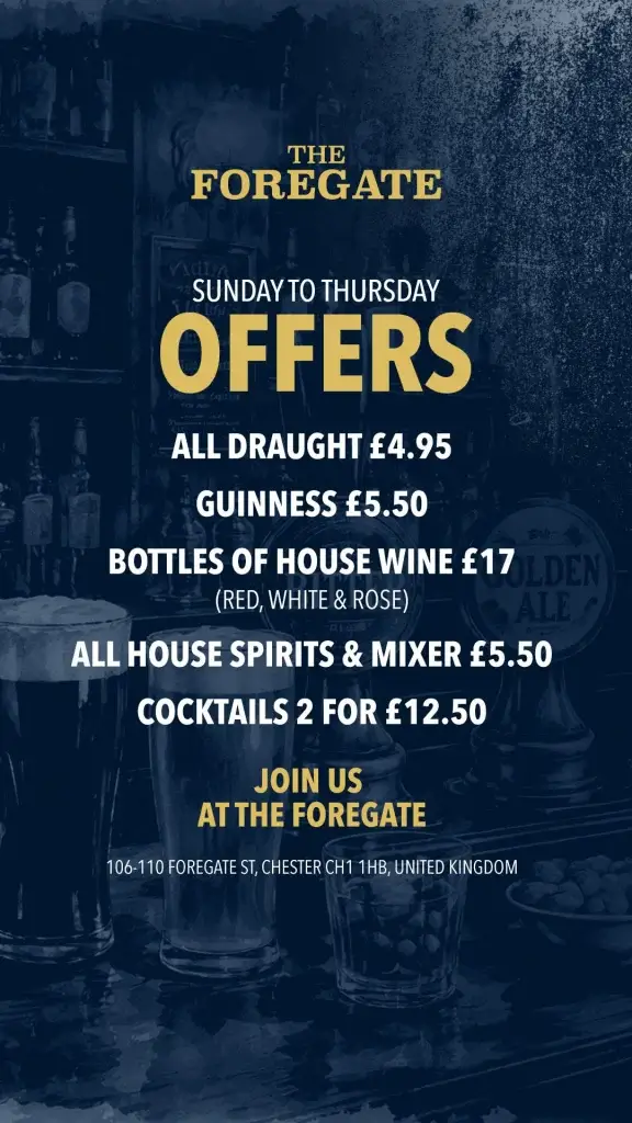 The Foregate pub poster: Sun–Thu drink offers — draught £4.95, Guinness £5.50, wine £17, cocktails 2 for £12.50.