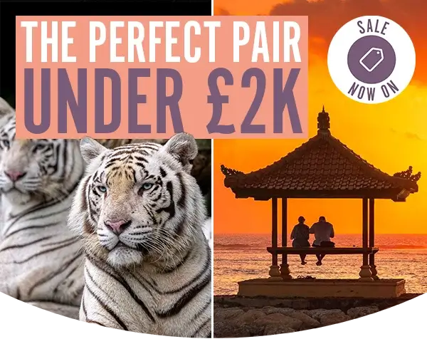 Two white tigers left and a silhouetted seaside pavilion with two people at sunset right, overlaid with 'Under £2K'.