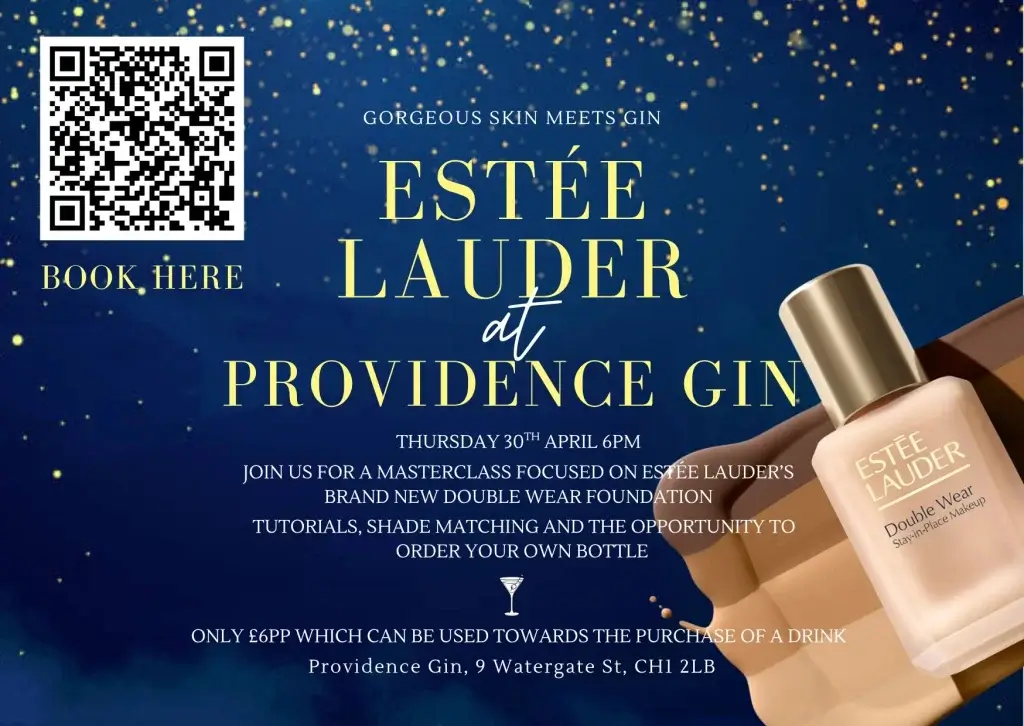QR code and text "Estée Lauder at Providence Gin" on a blue starry background with a hand holding a Double Wear foundation bottle.