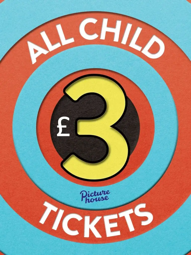 Bold concentric red and blue rings with a large yellow number 3 and a small pound sign, reading "All Child Tickets" and "Picturehouse."