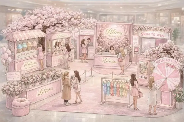 Pastel pink pop-up market with stalls, cherry blossoms, "Liliosa" signs, ice cream cart, spin-to-win wheel and shoppers.