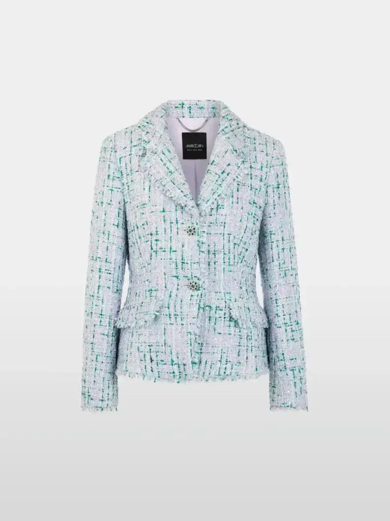 Light blue and green tweed women's blazer with notch lapel, two front buttons and flap pockets, frayed edges.