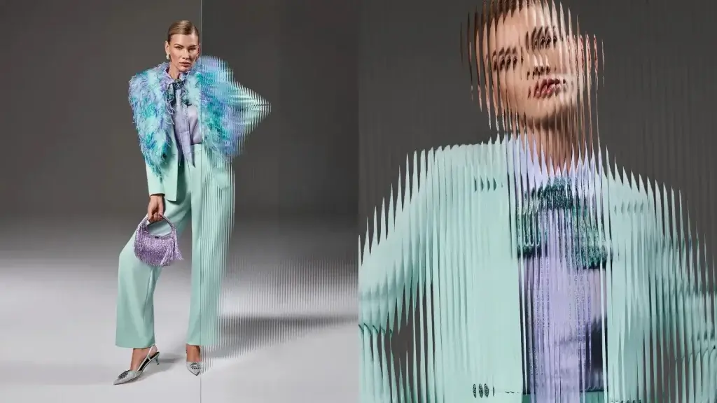 Woman in mint suit and feathered cape holding a lilac beaded bag, shown whole and as a distorted vertical-slice close-up of her face and outfit.