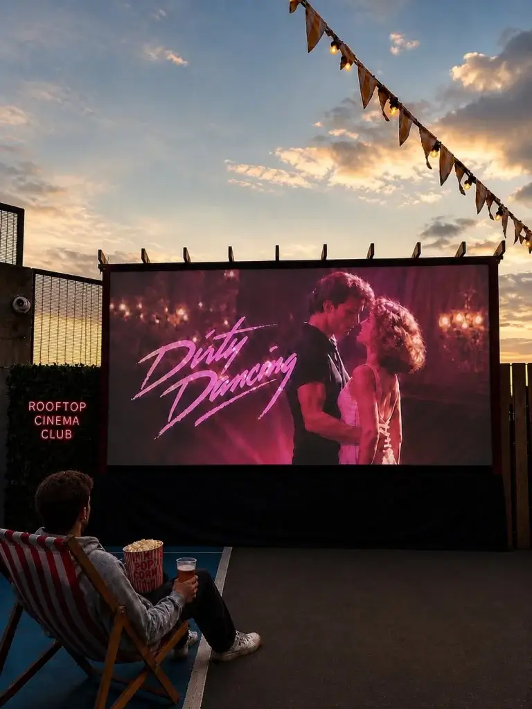 Man seated in deckchair on rooftop watching an outdoor screen showing Dirty Dancing title scene, popcorn and drink beside him