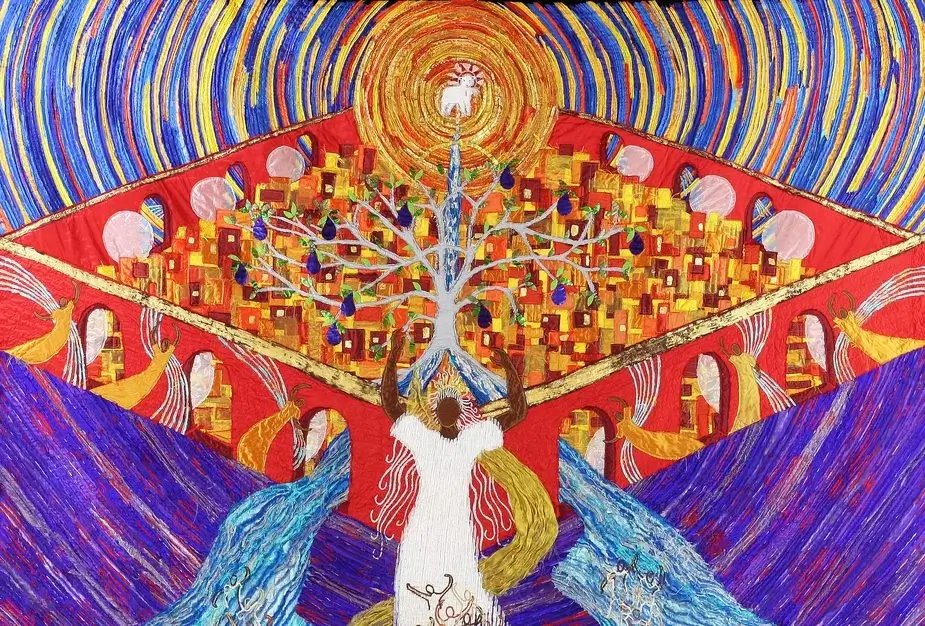 Figure in white lifts a tree toward a radiant sun with a lamb, above a golden mosaic city and swirling blue waves.